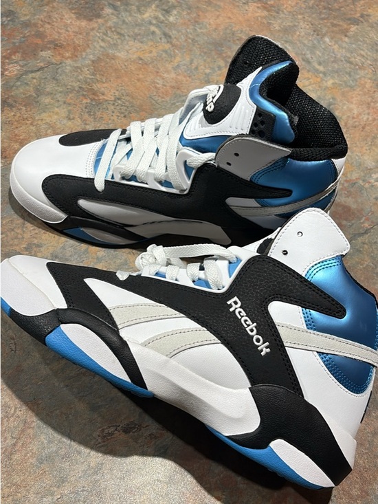 Reebok Shoes - Reebok White Black Blue High-Top Athletic Sneakers